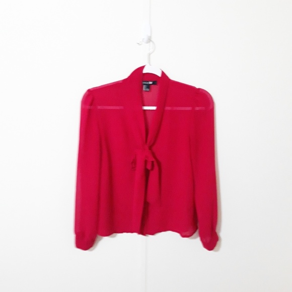 Forever 21 Tops - Forever 21 cherry red sheer pussy bow blouse B18